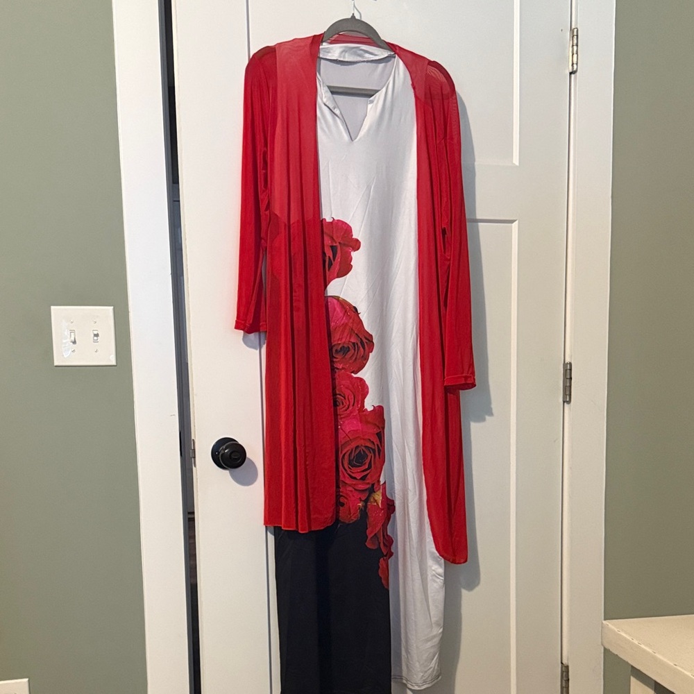 Red and Gray Floral Maxi Dress with Cardigan